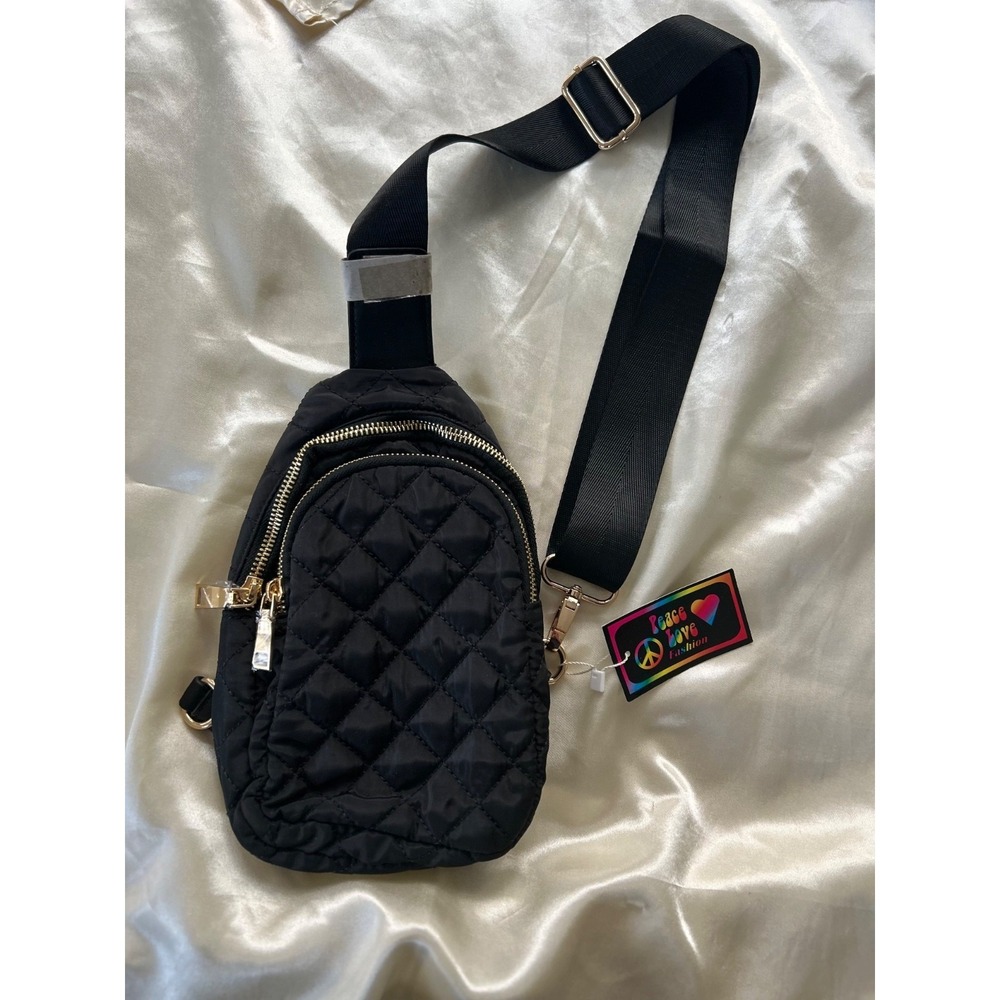 NWT Peace Love Fashion Boutique Nylon Quilted Puffer Sling Chest Bag Black Gold